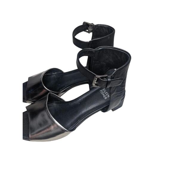 Eileen vm Fisher Vero Cuoio Black Metallic Silver Buckle Leather Sz 8.5 Sandal C - Picture 9 of 9